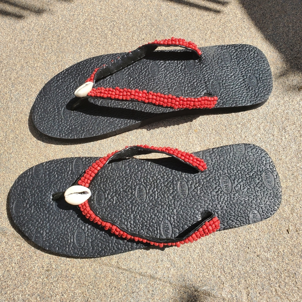 Beaded Cowrie Shell Flip Flops - Picture 2 of 2